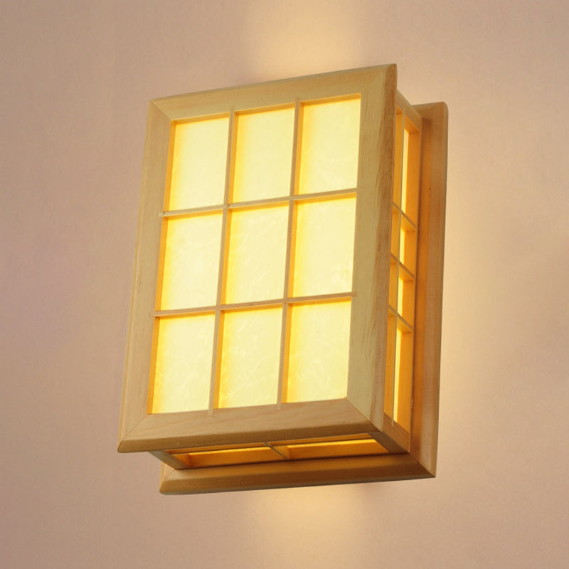 Square Shape Wooden Wall Sconce 1-Light Simple Wall Mount Lamp for Living Room