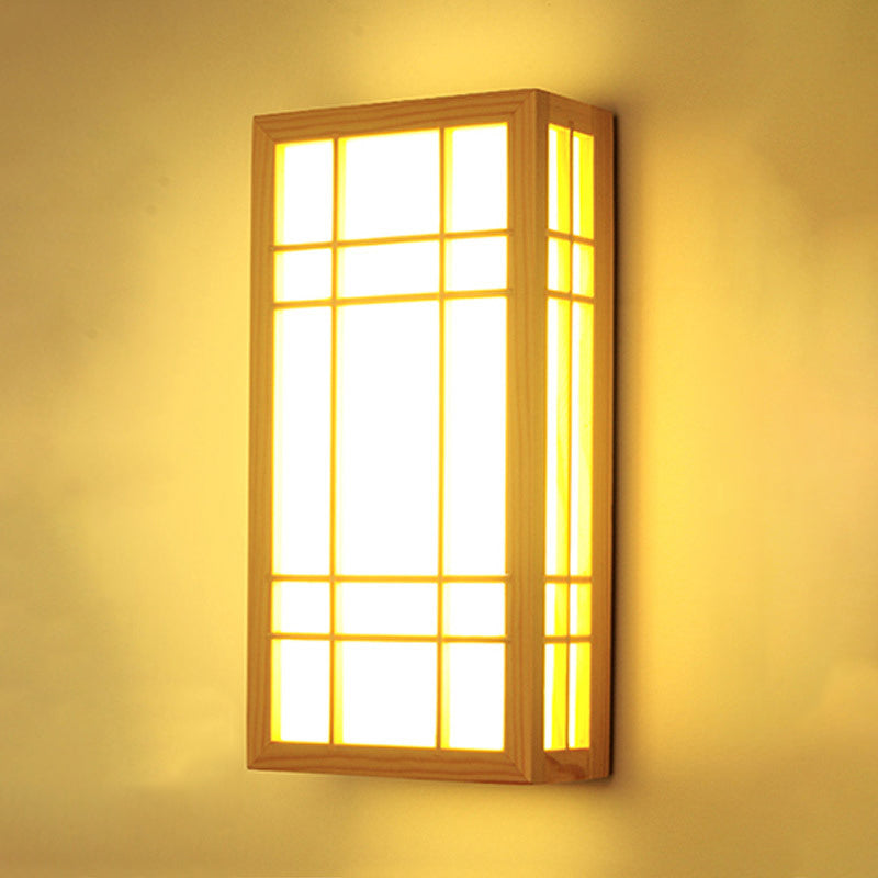 Square Shape Wooden Wall Sconce 1-Light Simple Wall Mount Lamp for Living Room