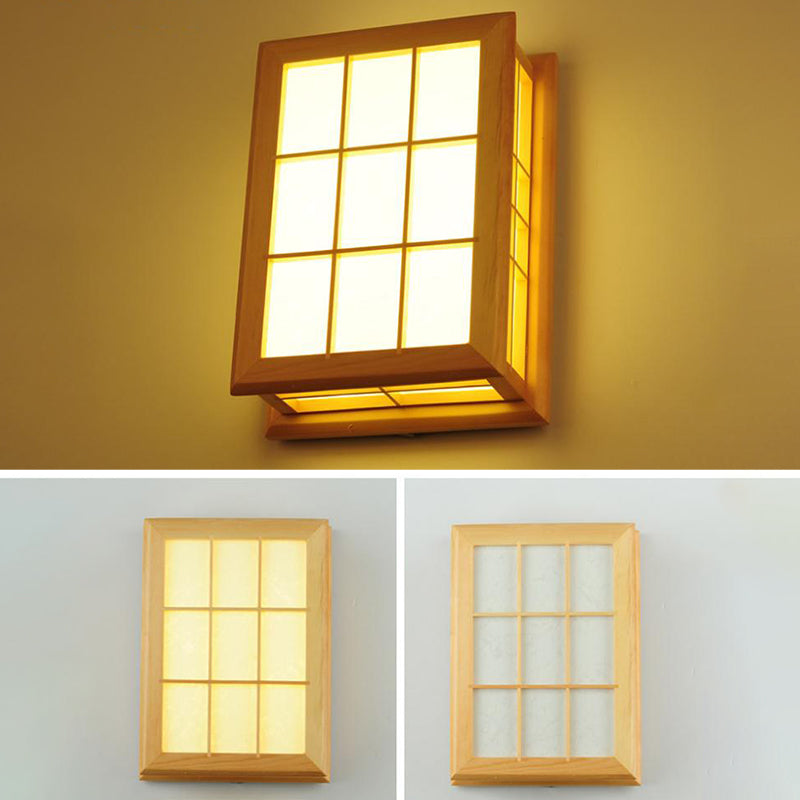 Square Shape Wooden Wall Sconce 1-Light Simple Wall Mount Lamp for Living Room