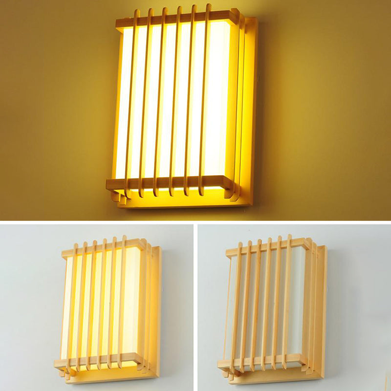 Square Shape Wooden Wall Sconce 1-Light Simple Wall Mount Lamp for Living Room