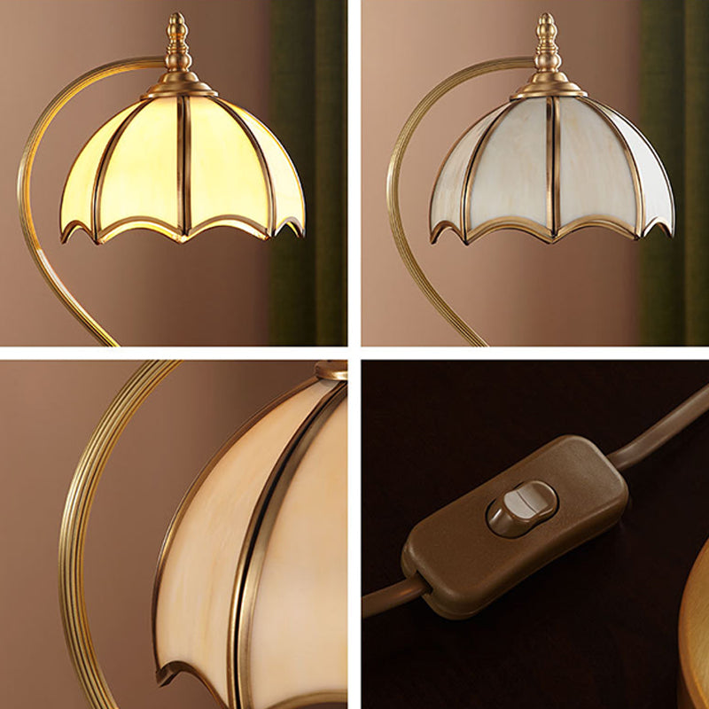 European Style Umbrella-shape Table Lamp Copper Desk Lamp with Glass Shade for Bedside