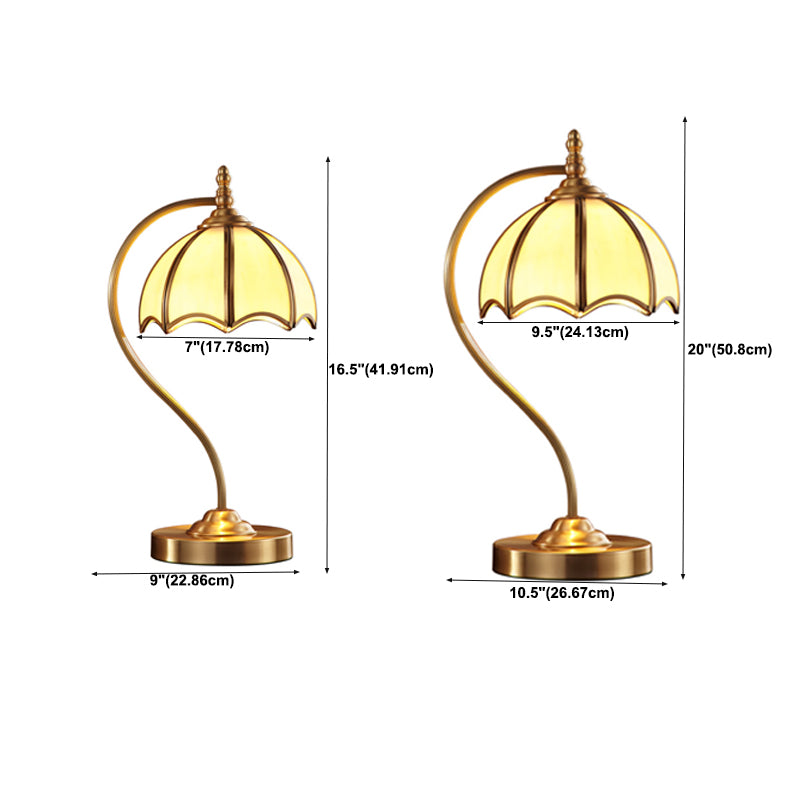 European Style Umbrella-shape Table Lamp Copper Desk Lamp with Glass Shade for Bedside