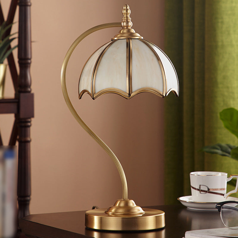 European Style Umbrella-shape Table Lamp Copper Desk Lamp with Glass Shade for Bedside