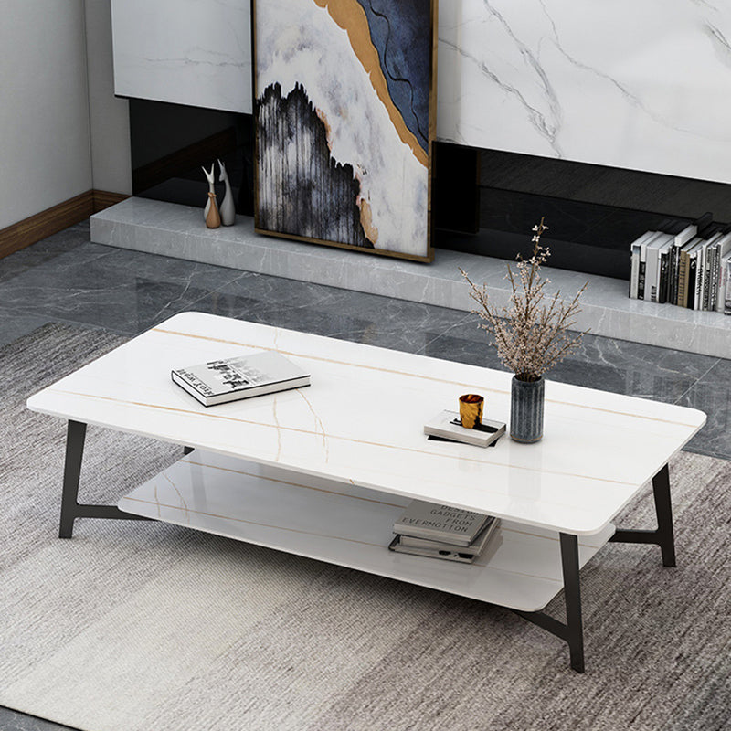 Modern White/Black Rectangle 4 Legs Coffee Table Slate and Metal Table