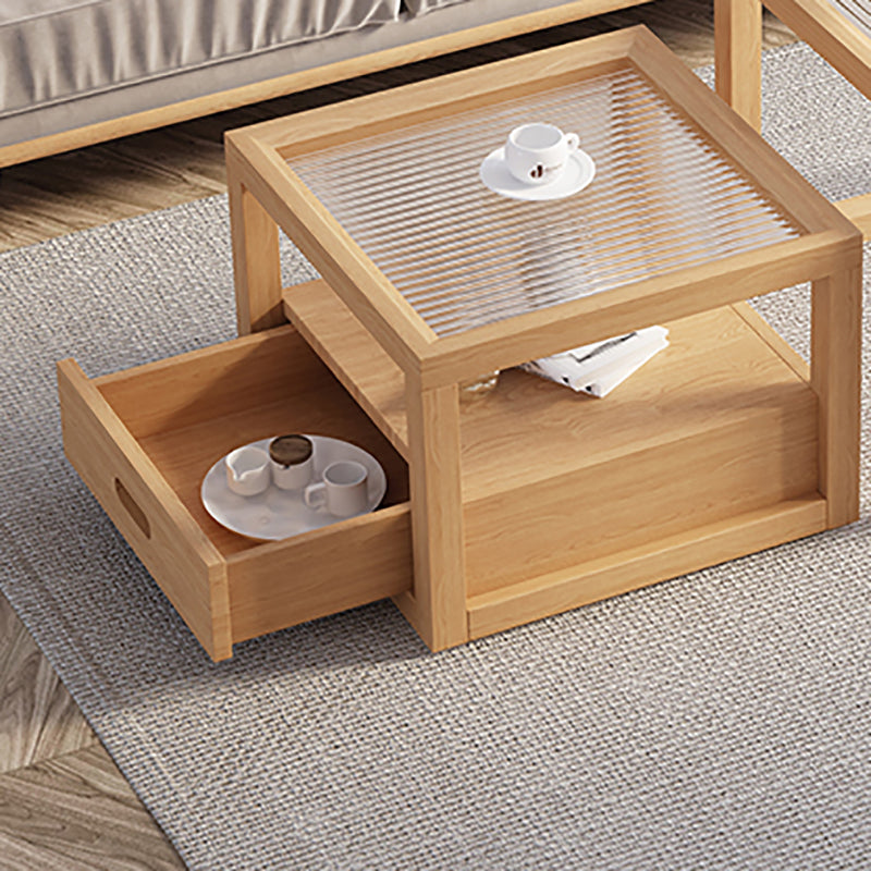 Frame Base Coffee Table Square Natural Wood Cocktail Table with Drawer