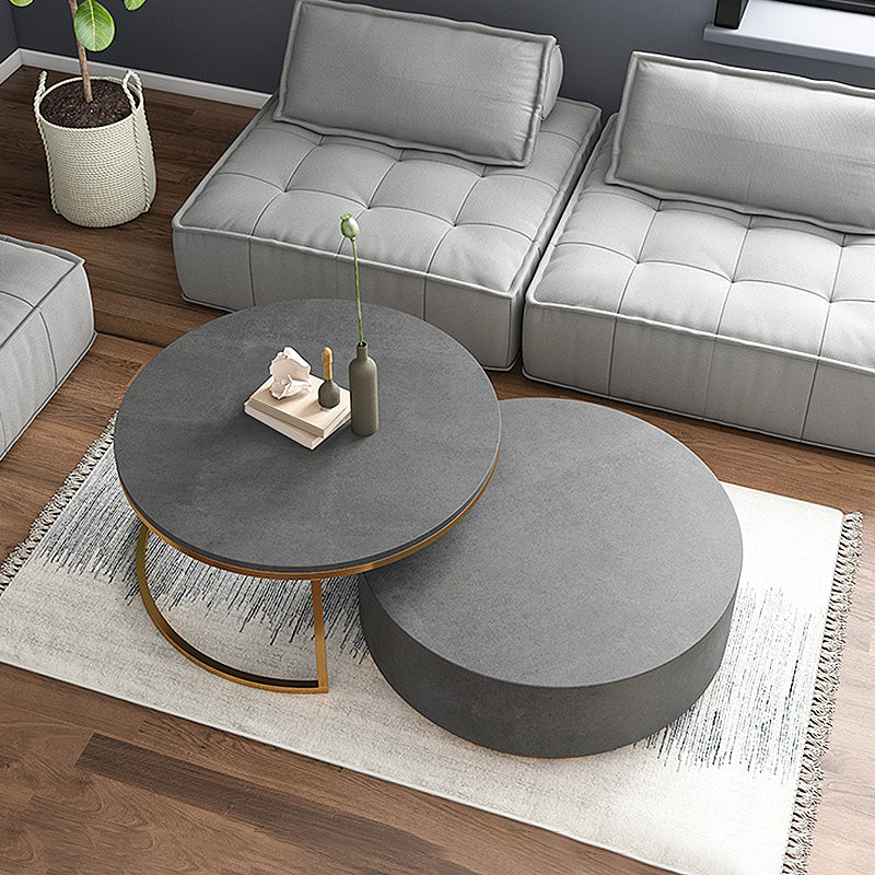 Drum Base Design Black/grey Faux Concrete Top Metal Base Round Coffee Table