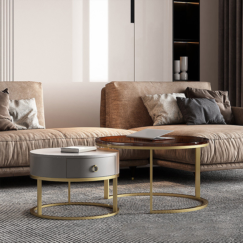 Modern Style Tempered Glass & Rock Sheet Top Gold Metal Base Round Coffee Table