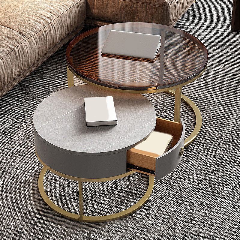 Modern Style Tempered Glass & Rock Sheet Top Gold Metal Base Round Coffee Table
