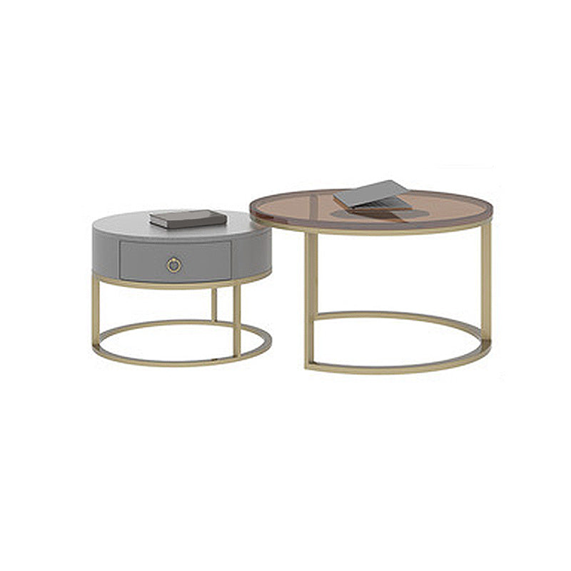 Modern Style Tempered Glass & Rock Sheet Top Gold Metal Base Round Coffee Table