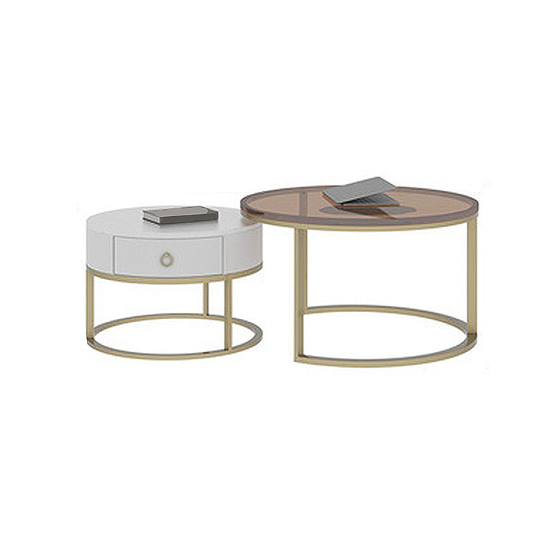 Modern Style Tempered Glass & Rock Sheet Top Gold Metal Base Round Coffee Table