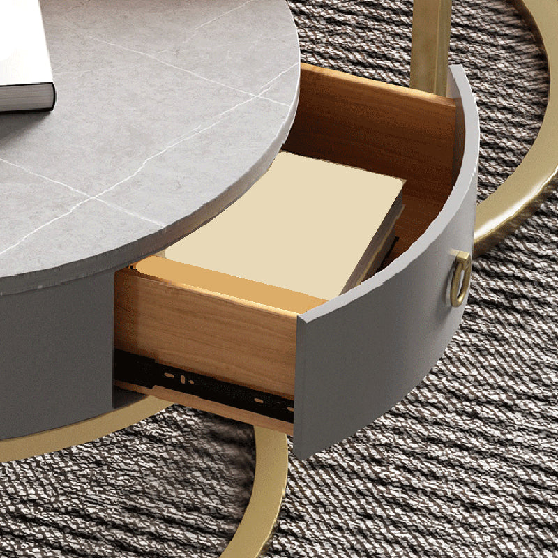 Modern Style Tempered Glass & Rock Sheet Top Gold Metal Base Round Coffee Table