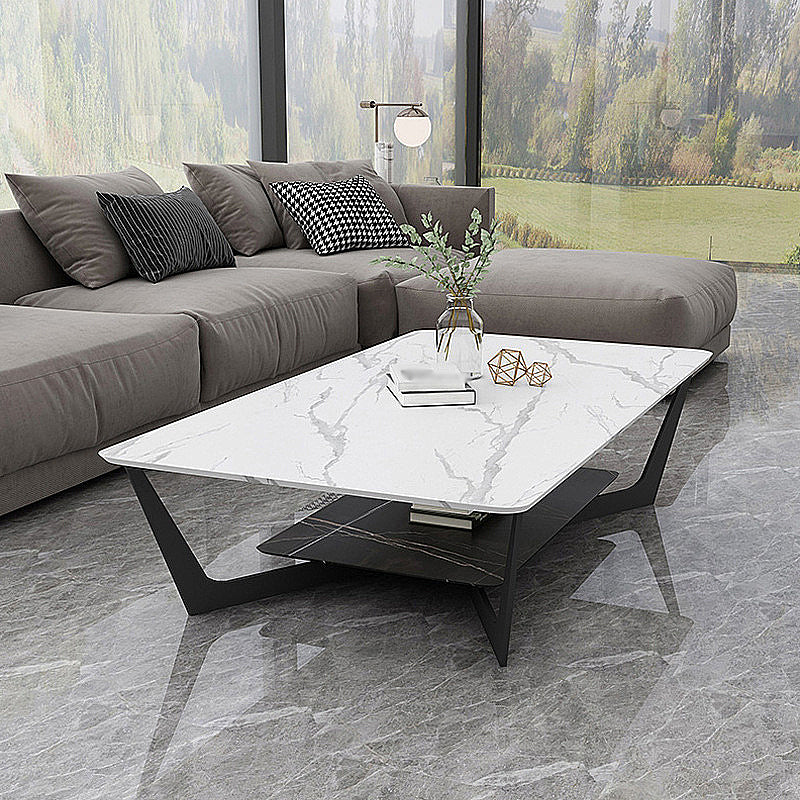 Modern White/grey Slate Top Rectangular Coffee Table with Metal Base