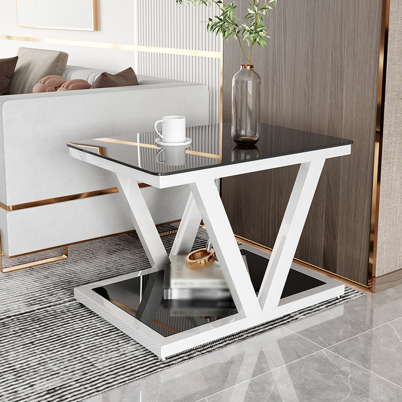 Square Block Base Metal Frame Black/white Tempered Glass Rectangular Coffee Table