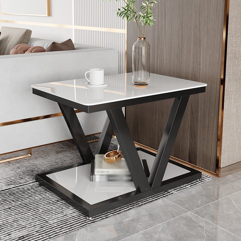 Square Block Base Metal Frame Black/white Tempered Glass Rectangular Coffee Table