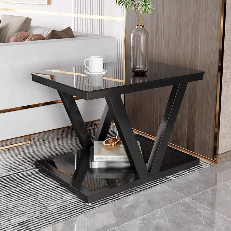 Square Block Base Metal Frame Black/white Tempered Glass Rectangular Coffee Table