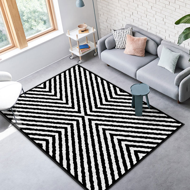 Black and White Lines Rug Living Room Carpet Polyester Washable Area Rug