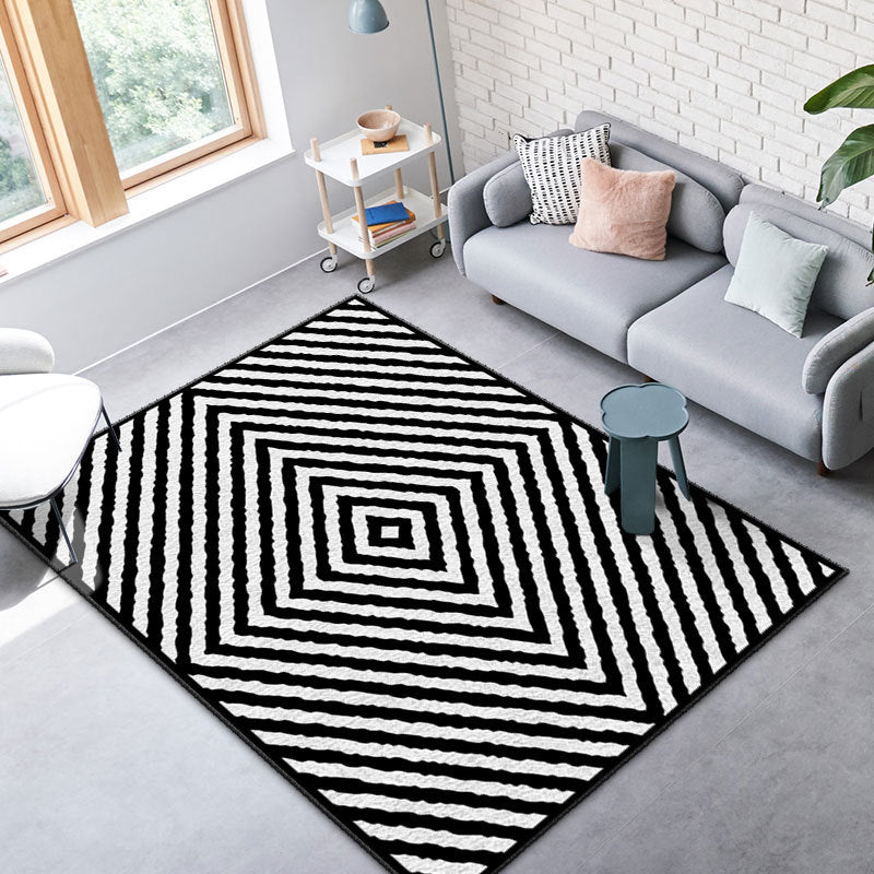 Black and White Lines Rug Living Room Carpet Polyester Washable Area Rug