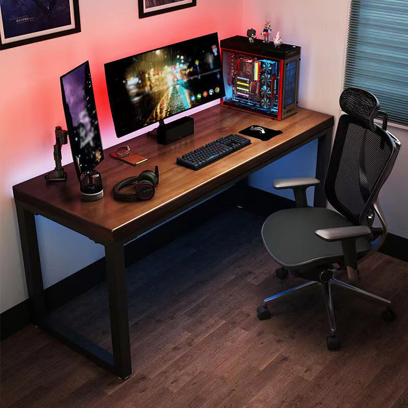 Modern Style Rectangular Writing Desk with Solid Wood Top and Black Iron Legs