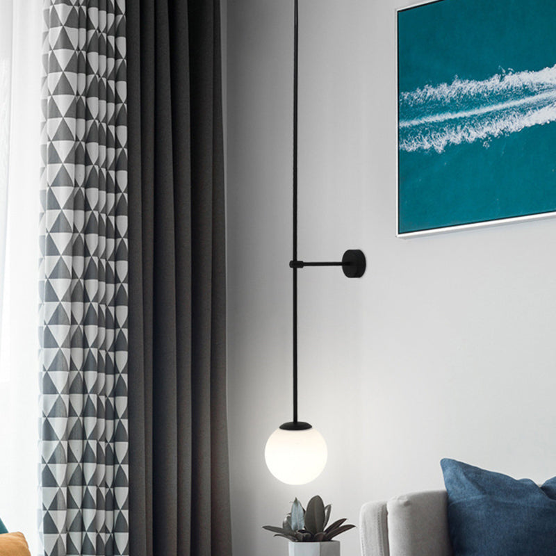 Orb Corridor Wall Light Fixture Milky Glass 1-Light Simple Wall Lamp Sconce with Pencil Arm