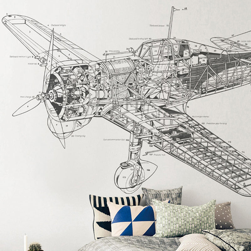 Airplane Design Wall Mural Decal for Accent Wall, Black and White, Personalized Size Available