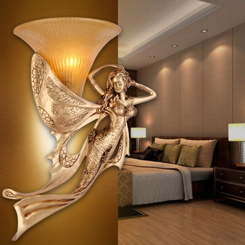 Resin Gold Wall Sconce Mermaid 1-Light Rustic Style Wall Mounted Lamp with Cone Ribbed Glass Shade