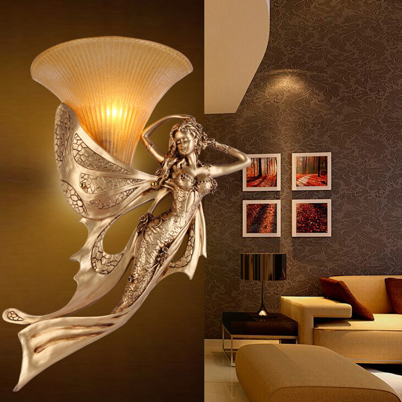 Resin Gold Wall Sconce Mermaid 1-Light Rustic Style Wall Mounted Lamp with Cone Ribbed Glass Shade