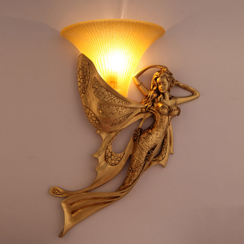 Resin Gold Wall Sconce Mermaid 1-Light Rustic Style Wall Mounted Lamp with Cone Ribbed Glass Shade