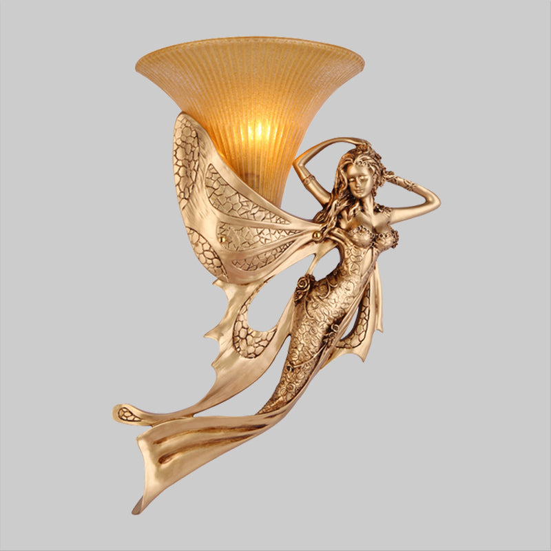 Resin Gold Wall Sconce Mermaid 1-Light Rustic Style Wall Mounted Lamp with Cone Ribbed Glass Shade
