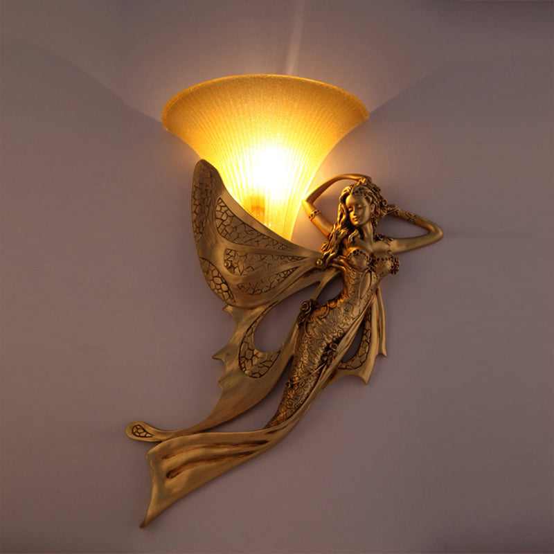 Resin Gold Wall Sconce Mermaid 1-Light Rustic Style Wall Mounted Lamp with Cone Ribbed Glass Shade