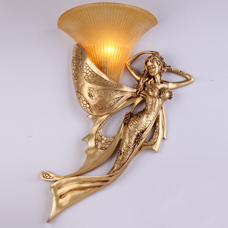 Resin Gold Wall Sconce Mermaid 1-Light Rustic Style Wall Mounted Lamp with Cone Ribbed Glass Shade