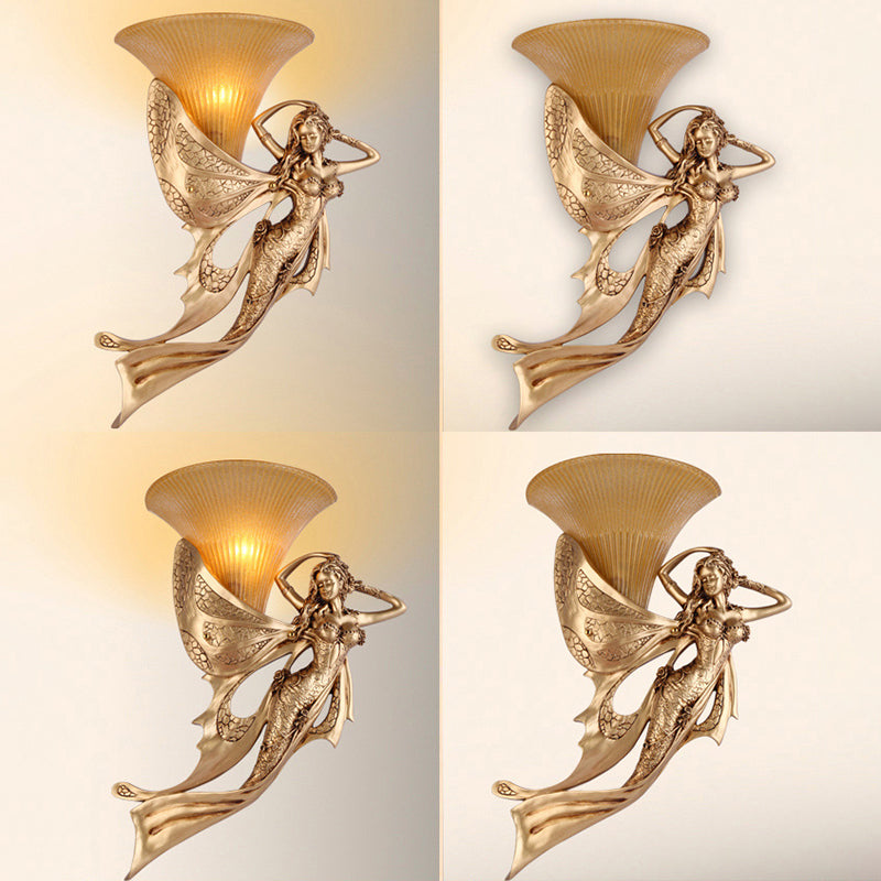 Resin Gold Wall Sconce Mermaid 1-Light Rustic Style Wall Mounted Lamp with Cone Ribbed Glass Shade