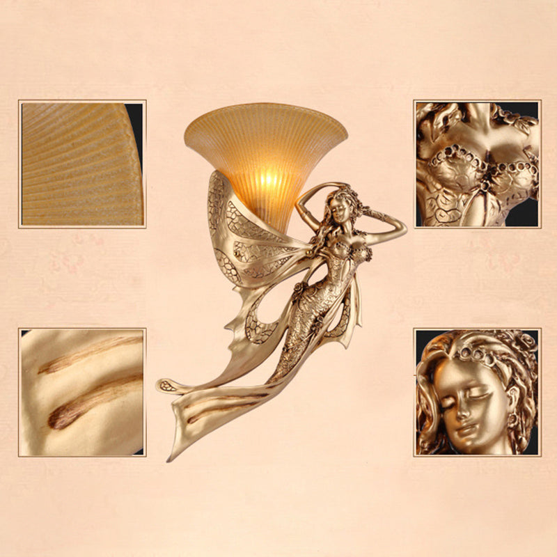 Resin Gold Wall Sconce Mermaid 1-Light Rustic Style Wall Mounted Lamp with Cone Ribbed Glass Shade