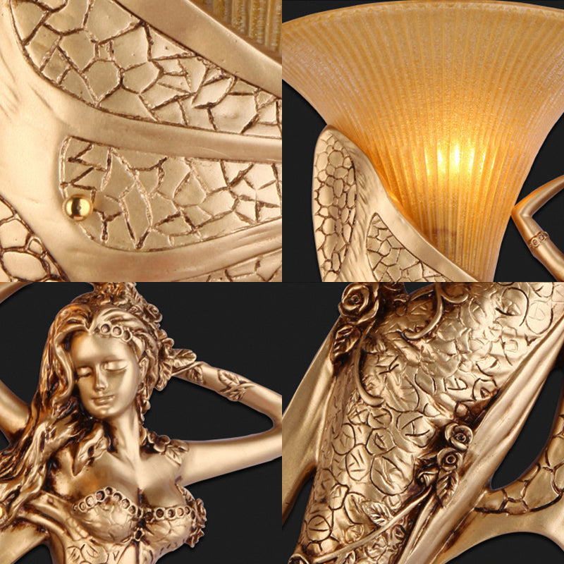 Resin Gold Wall Sconce Mermaid 1-Light Rustic Style Wall Mounted Lamp with Cone Ribbed Glass Shade