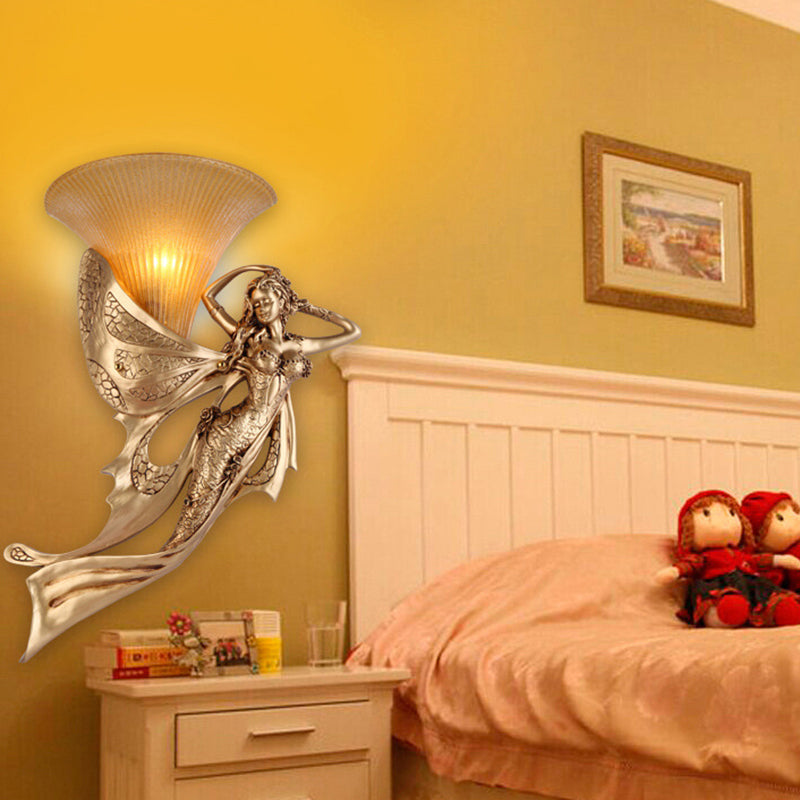 Resin Gold Wall Sconce Mermaid 1-Light Rustic Style Wall Mounted Lamp with Cone Ribbed Glass Shade