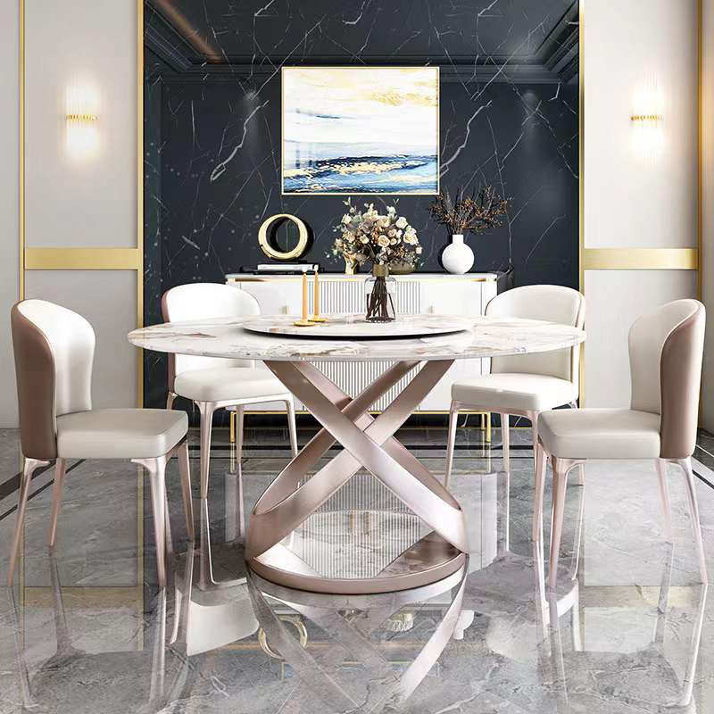 Modern Round Drop-leaf Table Stone with Metal Base Pedestal Dining Table