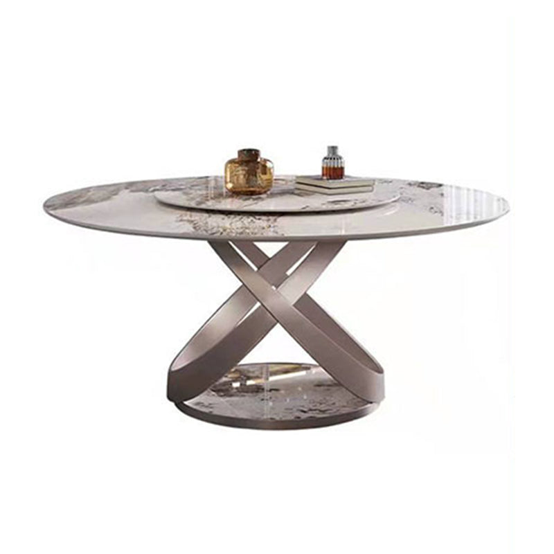 Modern Round Drop-leaf Table Stone with Metal Base Pedestal Dining Table