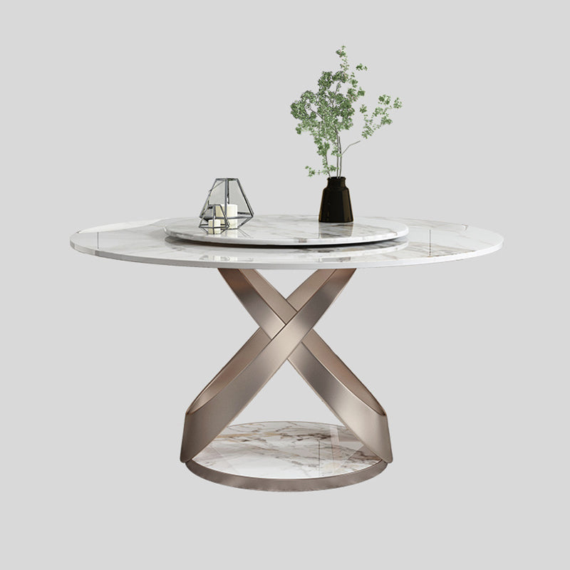 Modern Round Drop-leaf Table Stone with Metal Base Pedestal Dining Table