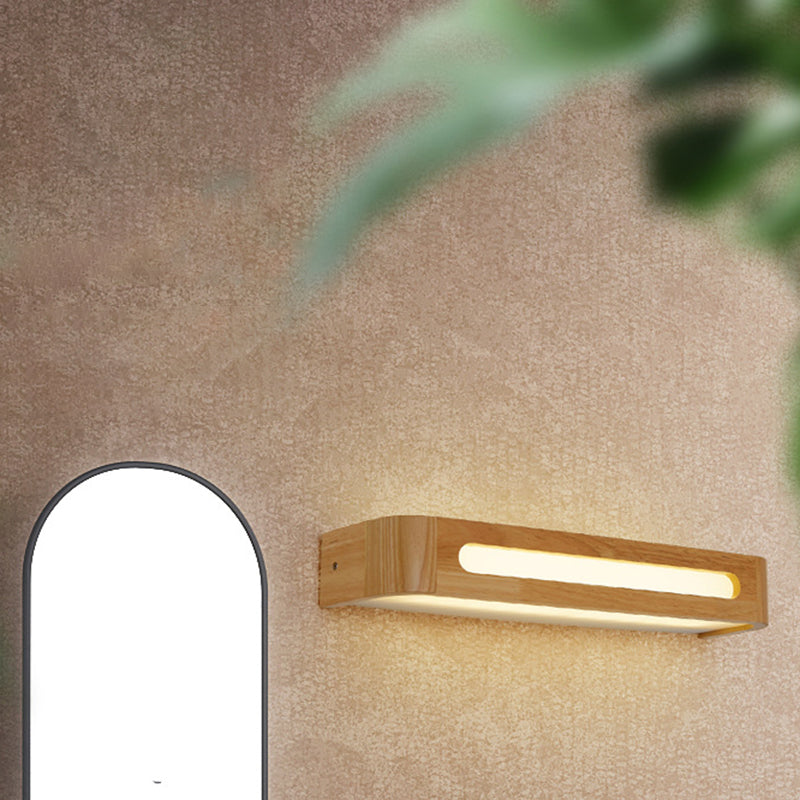 Square Shape Wood Wall Sconce Modern Style 1-Light Mirror Wall Light Fixtures in Brown