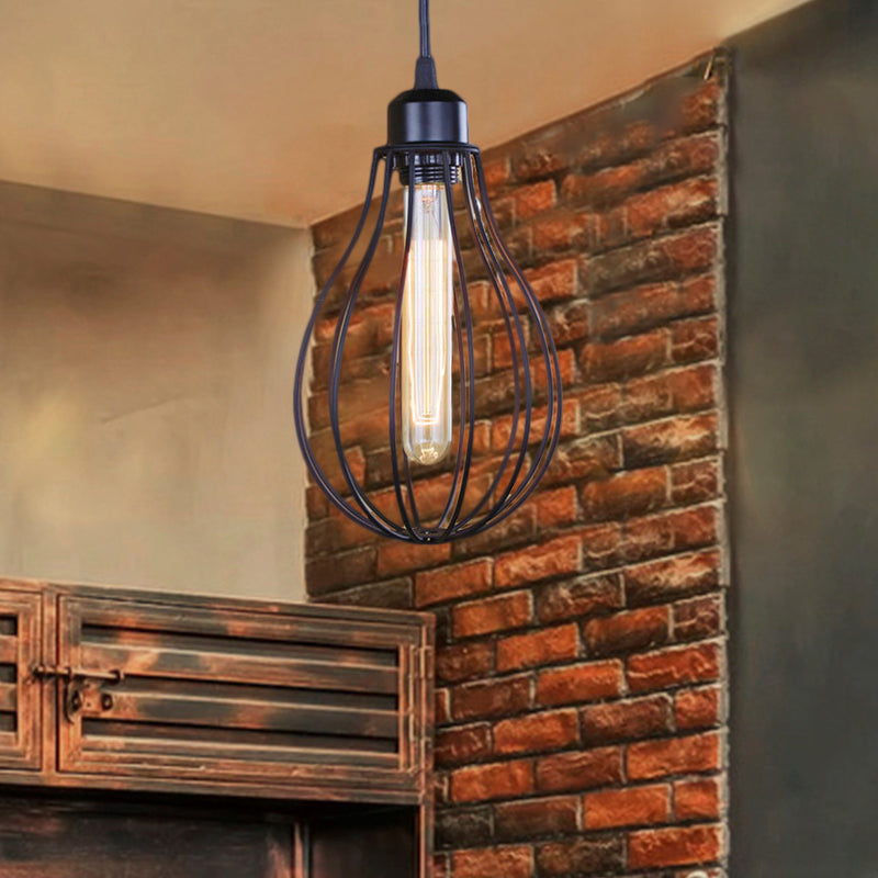 Metallic Black/Brass Pendant Ceiling Light Wire Cage 1 Light Vintage Industrial Ceiling Light with Bulb Shade
