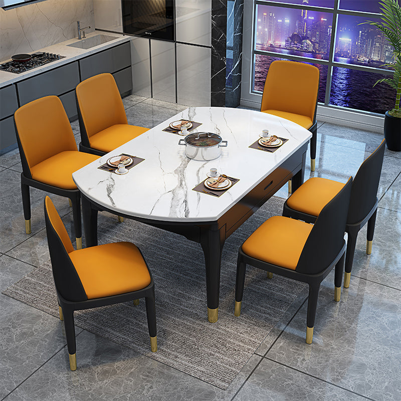 Round Marble Dining Table Modern 4 Legs Dining Table with Leaf Extension