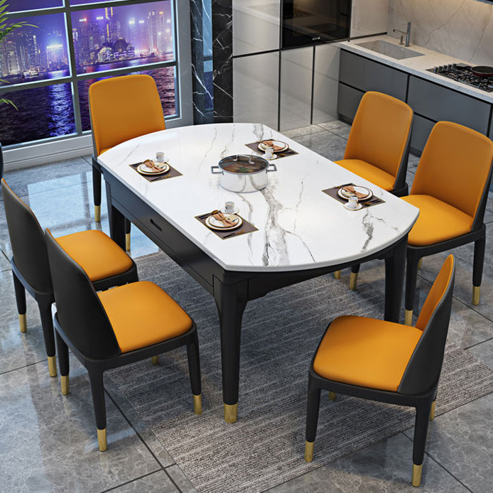 Round Marble Dining Table Modern 4 Legs Dining Table with Leaf Extension