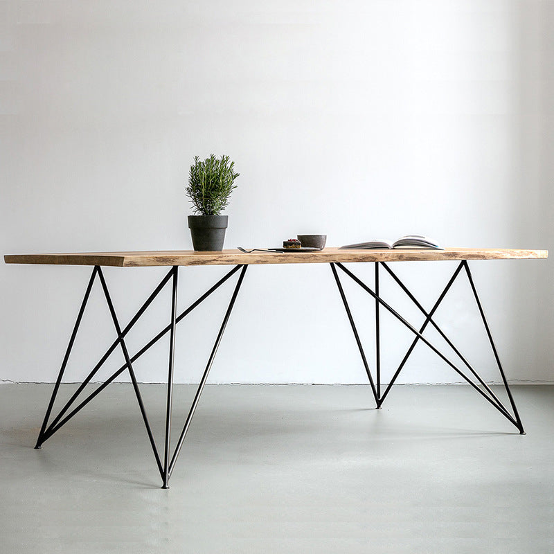 Wood Top Dining Table Industrial Rectangle Table with Double Pedestal Base