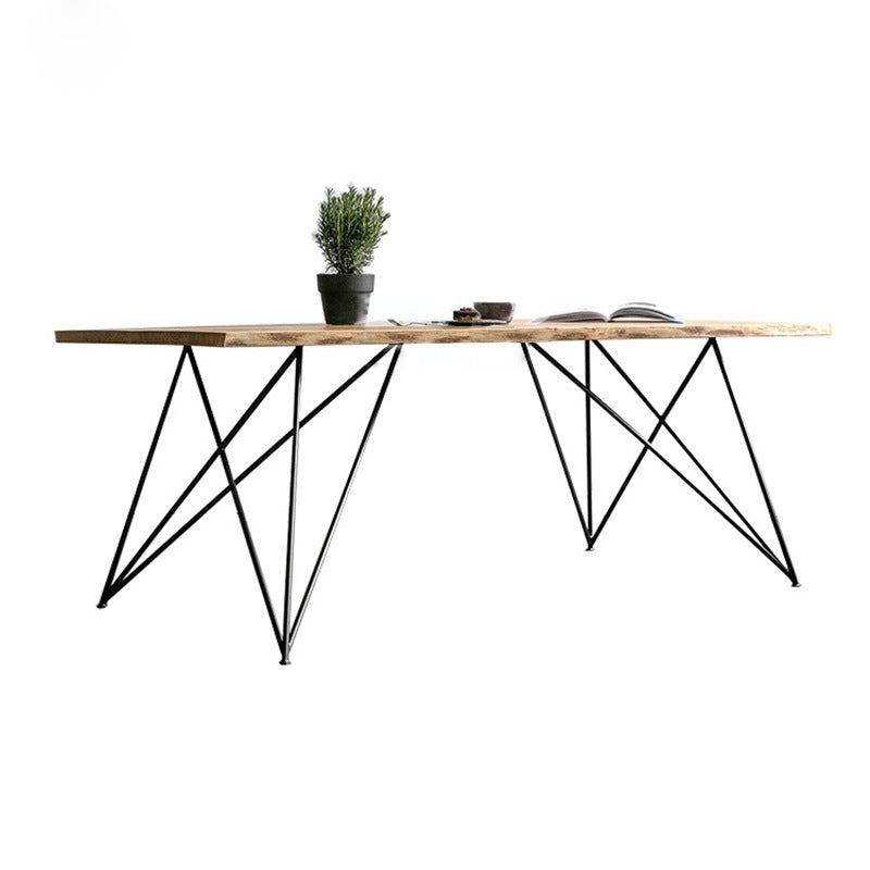 Wood Top Dining Table Industrial Rectangle Table with Double Pedestal Base