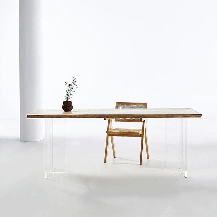 Wood Top Dining Table Modern Rectangle Table with Double Pedestal Base