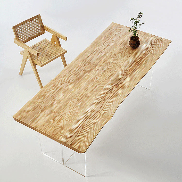 Wood Top Dining Table Modern Rectangle Table with Double Pedestal Base