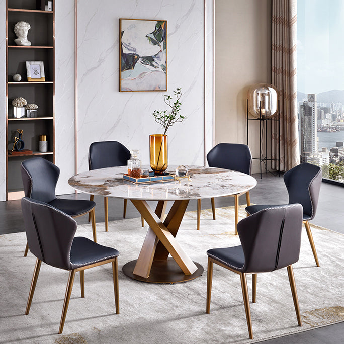 Glam Sintered Stone Dining Table Round Dinner Room Table with Pedestal Base