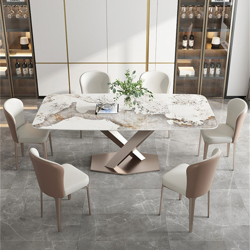 Modern Dining Table Rectangle Stone Top Table with Stainless Steel Pedestal Base