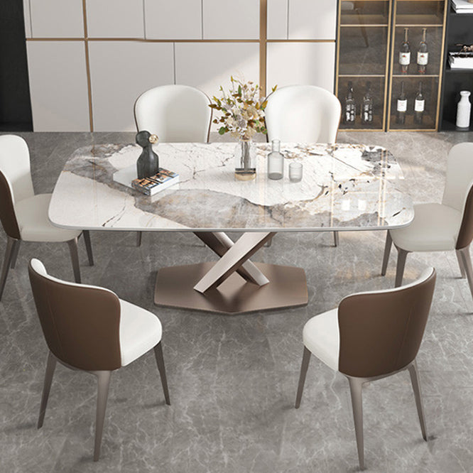 Modern Dining Table Rectangle Stone Top Table with Stainless Steel Pedestal Base