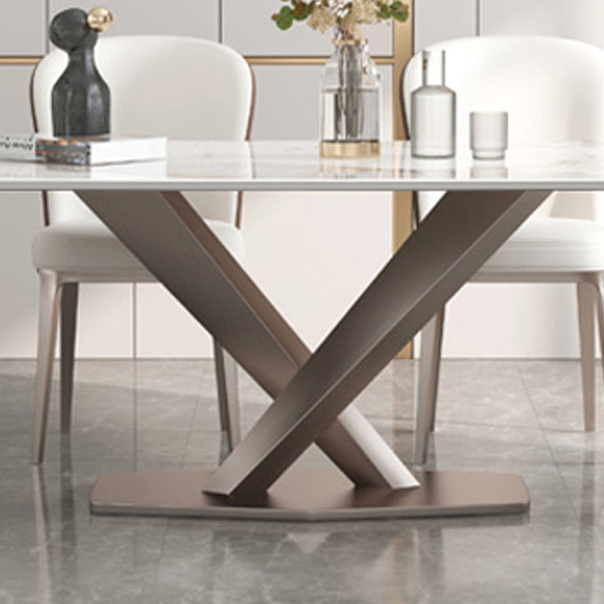 Modern Dining Table Rectangle Stone Top Table with Stainless Steel Pedestal Base