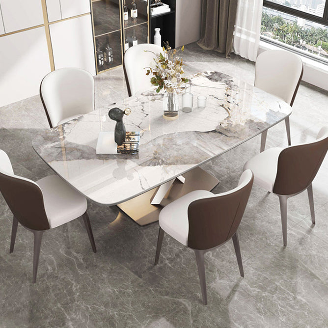 Modern Dining Table Rectangle Stone Top Table with Stainless Steel Pedestal Base